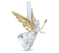 Swarovski Holiday Magic Decoración Ángel, Ángel de Cristal con Detalles Bañados en Tono Oro y Cinta de Rayón Blanco