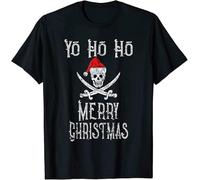 Holiday Pirate Yo Ho Ho Merry Christmas Santa Hat Boating T-Shirt Mens Black Unisex tee S