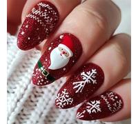 Holiday Red Shimmering 24PCS Uñas Postizas Ovaladas Con Arte De Nieve Papá Noel Para Celebraciones ABS Uñas Fiesta Navidad