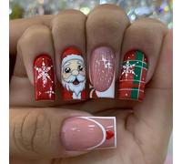 Holiday Special - Juego de 24 uñas cuadradas con diseño de Papá Noel y puntas francesas, copos de nieve, arte para mujeres, brillantes y falsas