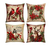 Holiday Throw Pillow Covers - 4 Linen Red Pieces, Vintage Christmas Cushion Covers, Farmhouse Sofa Bed Decor, Winter Seasonal Accent, Home Accessory | Living Room Bedroom Office Holiday Party Styling