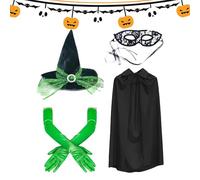 Holiday Witch Costume, Witch Hat Green Gloves, Black, Dress Up Kit for Festival Cosplay Celebration, Complete Accessories Set with Eye Masque, Adult Women Sisters Friends Wife Girlfriend Use