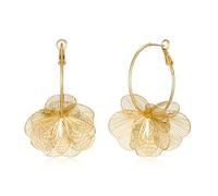 HolidayQbee Pendientes de aro de flores doradas para mujer, aretes colgantes florales de malla grande, aretes de aro de oro bohemio con dijes de pétalos, elegante joyería de boda