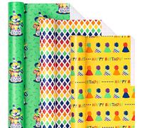 Holijolly Rollo de Papel de Regalo de Cumpleaño -Mini Rollo-"Feliz Cumpleaños" Tarta de Perro/Sombrero/Cuadros Arco Iris para Hombre, Niño, Hermano, Padre - 43.2cm X 3.05m, 3 Rollos (42.5 sq.ft.ttl.)