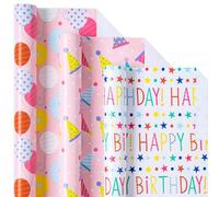 Holijolly Rollo de Papel de Regalo de Cumpleaños - Rollo MIni - Helado/Ballon/ "Happy Birthday" Lettering for Gift Wrap, DIY Craft - 43.2 CM×3 M - 3 Rollos (42.5 sq.ft.ttl.)