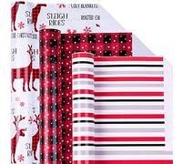 Holijolly Rollo De Papel Navideño - Alce/Cheque De Estrella/Rayas En Diseño Rojo Y Blanco Para Papel De Regalo, Manualidades - 43 X 305 Cm X 3 Rollos