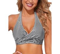 Holipick Parte superior de bikini halter para mujer, traje de baño push up, cuello en V, cobertura completa, solo parte superior, Rayas negras, XL