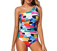 Holipick Traje de baño de una Pieza con un Hombro para Mujer, con Control de Abdomen, Modesto, Cobertura Completa, con Agujero de Cerradura, Juego de Colores, Large