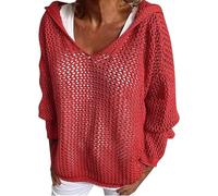 Hollow Crochet Tops for Women, Hollow out Crochet Hooded Sweater with Long Sleeve Drop, Off Shoulder for Sun Protection (Red,M)