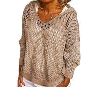 Hollow Crochet Tops for Women, Hollow out Crochet Hooded Sweater with Long Sleeve Drop, Off Shoulder for Sun Protection (Khaki,M)