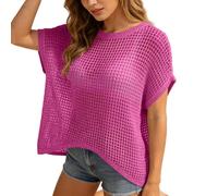 Hollow Out Camiseta de Manga Corta Casual Parte Superior de Punto Cubierta de Playa Vacaciones Ropa Diaria Cómoda Camiseta Transpirable, Rosa intenso., 3XL
