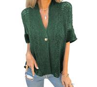 Hollow V-Neck Single Button Loose Short Sleeves, Lightweight Open Front Shrug Blouse, Lace Cardigan for Women (Green,L)