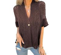 Hollow V-Neck Single Button Loose Short Sleeves, Lightweight Open Front Shrug Blouse, Lace Cardigan for Women (Dark Brown,XL)