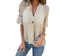 Hollow V-Neck Single Button Loose Short Sleeves Women’s Crochet Cardigan Summer Hollow Out Lightweight Open Front Knit Sweater