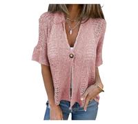 Hollow V-Neck Single Button Loose Short Sleeves-Women's Crochet Cardigan (Pink,XXL)