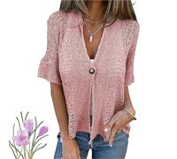 Hollow V-Neck Single Button Loose Short Sleeves, Women's Lightweight Hollow Half Sleeve Crochet Cardigan (Pink,3XL)