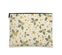Holly - Bolsa de maquillaje para mujer, diseño de estrellas doradas y hojas verdes, bolsa de viaje para cosméticos, organizador portátil de lona con cremallera, bolsa de aseo navideña para el cuidado
