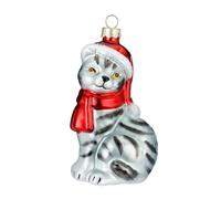 Holly & Jolly - Bola de Navidad con Forma de Gato, Aprox. 10 cm | Bola de Navidad de cristal, pintada a mano, adorno para el árbol de Navidad en gris y rojo, con purpurina, decoración