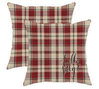 Holly Jolly - Fundas de cojín a cuadros rojos y crema, decoración navideña de invierno para el hogar, sofá, dormitorio, sala de estar, 18 x 18 pulgadas