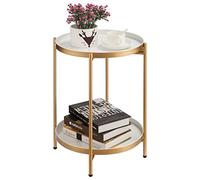 HollyHOME Mesa Auxiliar Salon Redonda Mesita de Noche 2 Niveles Mesita de Sofa Metal Mesa de Café Pequeña para Sala de Estar Dormitorio Balcon Patio Jardin, Dorado & Blanco