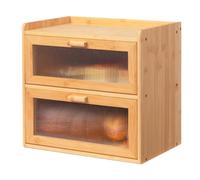 HollyHOME Panera de bambú de 2 capas con ventana de rayas acrílicas, caja de almacenamiento de pan de doble piso de gran capacidad para cocina, rectangular de 2 capas