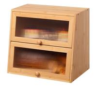 HollyHOME Panera de bambú de 2 capas con ventana de rayas acrílicas, caja de almacenamiento de pan de doble piso de gran capacidad para cocina, trapezoidal de 2 capas