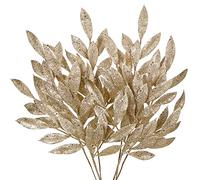 Hollyone 6 follajes de Navidad con purpurina de hojas de laurel, decoraciones de árbol de Navidad de oro champán, hojas artificiales, adornos de Navidad para Año Nuevo, boda, arreglos florales