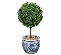 Hollyone Bolas de boj artificiales de 40 cm, árbol artificial pequeño de cerámica, maceta de cerámica azul y blanca, planta artificial para interior y exterior, entrada de terraza, porche