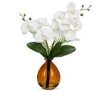 Hollyone Flor artificial de orquídea blanca de 15 pulgadas en jarrón, planta de orquídea falsa con jarrón de cristal, decorativa falaenopsis sintética para bodas, centros de mesa, baño, sala de estar