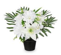 Hollyone Flores artificiales de seda de 35 cm para tumba, dalias falsas blancas y lirios en maceta negra, arreglos florales funerarios para cementerio, servicio conmemorativo