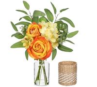 Hollyone Flores artificiales en jarrón de cristal con funda de ratán, rosas falsas de hortensias de 40 cm, arreglos florales naranjas para decoraciones, flores artificiales para tumbas, decoración del