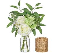 Hollyone Flores artificiales en jarrón de cristal con funda de ratán, rosas falsas de hortensias de 40 cm, arreglos florales blancos para decoración, flores artificiales para tumbas, decoración del