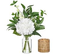 Hollyone Flores artificiales en jarrón de cristal con manga de ratán, hortensias falsas de 43 cm, arreglos florales blancos para decoraciones, flores artificiales para tumbas, decoración del hogar