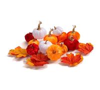 Hollyone Juego de 12 calabazas decorativas para otoño, terciopelo artificial, calabazas, mini con 24 hojas de arce, decoración de otoño para Acción de Gracias, Halloween, Acción de Gracias, decoración