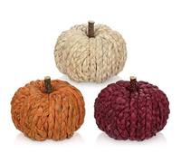 Hollyone Paquete de 3 calabazas artificiales de hierba marina y ratán, calabazas falsas de 3.7 pulgadas, color naranja, rojo, crema, blanco, decoración rústica para el hogar, adornos de otoño para