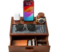 Holme & Hadfield Organizador de mesita de Noche para Hombre, estación de Acoplamiento de Madera única para Cargar tu teléfono y Auriculares, estación de Carga de Madera con Bandeja Forrada y cajón,
