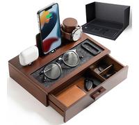 Holme & Hadfield Organizador de mesita de Noche para Hombre, estación de Acoplamiento de Madera única para Cargar tu teléfono y Auriculares, estación de Carga de Madera con Bandeja Forrada y cajón,