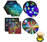Holographic Resin Coaster Molds Set - 4 Pack Non-Stick Iridescent Flexible Silicone Fastener Tray | Geometric Crystal Drink Mat Casting Kits For Crafting Polyester Resin Acrylic Clay Projects