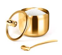 holoith Contenedor de azúcar con tapa de vidrio y cuchara, azucarero dorado de 10 onzas para estación de café, accesorios de cocina, almacenamiento para sal, caramelo, grano de café (dorado)