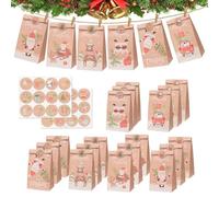 Holtrae 24pcs Bolsas de regalo navideñas,con personalizadas pegatinas,bolsas de papel navideñas personalizadas para rellenar, para dulces de cumpleaños, Navidad y fiestas (marrón)