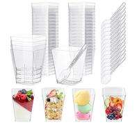 Holtrae 40 Piezas 5oz/160ml Vasitos para postres con Cucharas,Vasos de postre cuadrados reutilizables,Tazas de postre de plástico Vasitos,Para postres familiares,Pudines,Helado,Mousse,Bodas,Cumpleaños