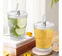 Holtrae Set of 2 400ML Glass Tumbler with Lid and Straws, Vidrio rayado, Vertical Stripe Design, Seal Water Cup, Para Agua, Jugo, Café, Té con leche, Batidos, Cóctel, Taza para matcha latte