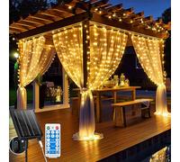 Holwim Cortina de luces solares, 3 x 3 m, 300 LED, IP65, resistente al agua, para interior y exterior, 8 modos con mando a distancia, para fiestas navideñas (blanco cálido solar)