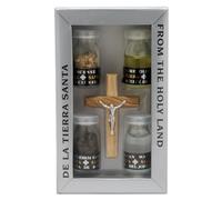 Holy Land Home Blessing Set de 5 artículos de regalo cristiano que incluye: crucifijo de madera de olivo, aceite de oliva, agua bendita, incienso, kit de bendición de tierra de Belén