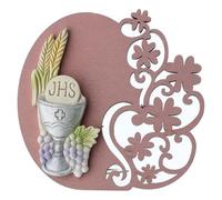 Holyart Cuadrito cáliz, hostia JHS, espigas y Uvas Madera Rosa 9 cm