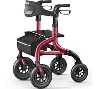 HolyHeal Andador con asiento, andadores para personas mayores con bastón y soporte para tazas, color rojo