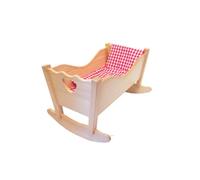 Holz-Wenzel 350011 - Cuna para muñecas Anne de Madera de Abeto, Aprox. 58 x 43 x 37 cm, Cama para muñecas con Juego de Cama de 3 Piezas a Cuadros Rojos y Blancos, para niños a Partir de 18 Meses