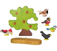 Holztiger 6615 Set Birds - Manzano grande con cinco figuras de madera, pájaro carpintero, herrerillo, mirlo, gorrión y petirrojo, con soporte para árbol, animales de juguete pintados a mano para niños
