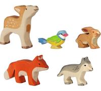 Holztiger 80630 Animales del Bosque Niños - Juego de 5 Figuras de Madera, Cervatillo, Zorro, Conejo, Lobo, herrerillo, Animales Pintados a Mano para niños, Fabricado en Europa