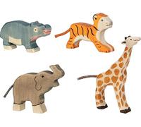 Holztiger 80632 Animales Salvajes Animales Niños - Juego de 4 Lindas Figuras de Madera - Elefante, Jirafa, Tigre, hipopótamo - Pintados a Mano para niños - Hecho en Europa